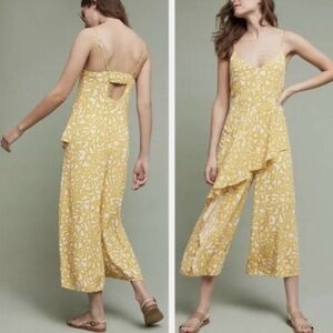 Anthropologie Maeve Brittany Goldenrod Yellow White Ruffled Jumpsuit size 2